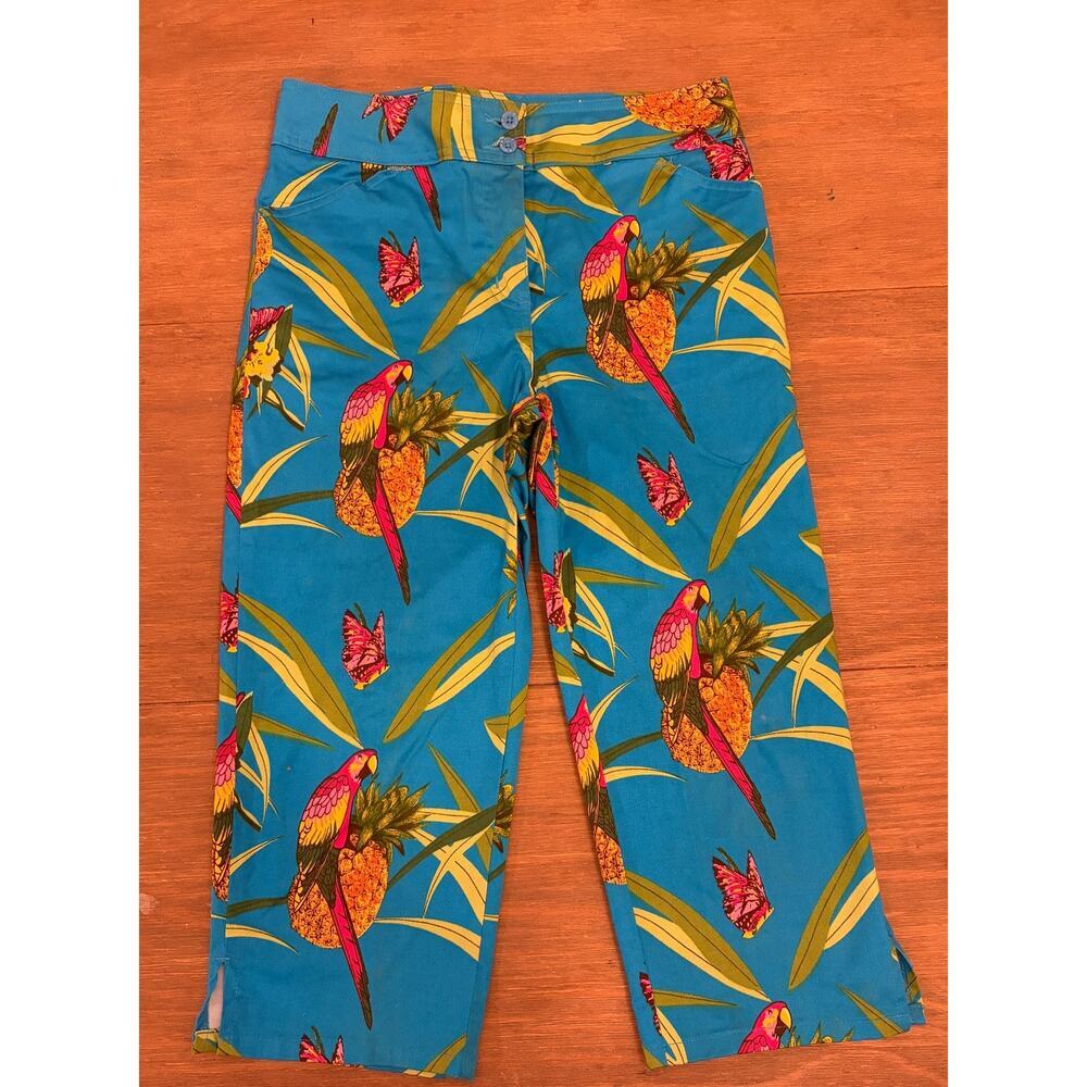 Vintage Y2K Bill Blass Tropical Capri Pants 4P Parrot Pineapple Print Crop